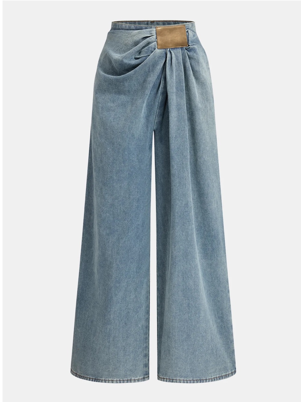 Commense High-Rise Wide-Leg Jeans in Light Blue with Tan Patch